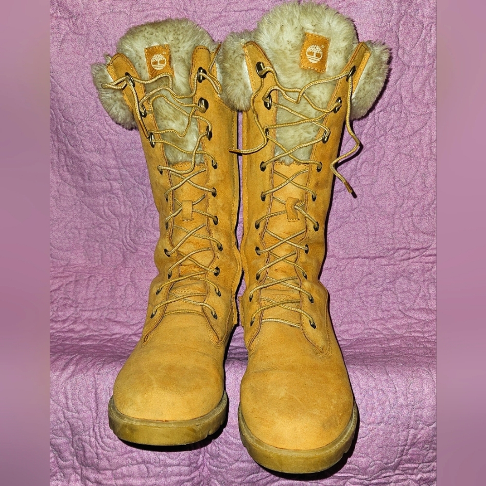 Timberland Faux Fur Tall Leather Zipper Laces Boots Size 6
